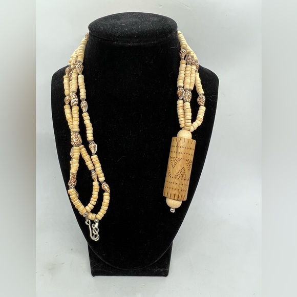 Double Strand Shell and Burnished Wood Bead Fashion Necklace - Picture 2 of 2